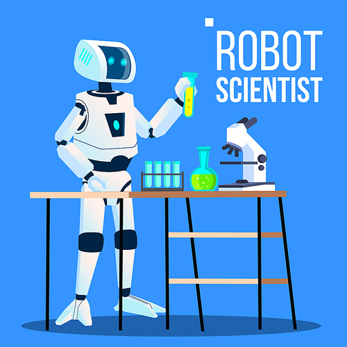 Robot Scientist Laboratory Chemist Standing With Flasks Vector. Illustration
