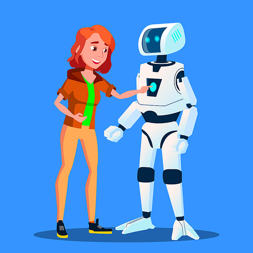 Girl Launching Control Panel Of Smart Home Robot Helper Vector. Illustration