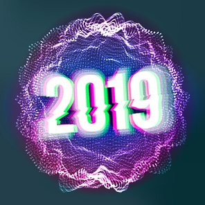 2019 Happy New Year Background Vector. Holiday Of 2019 Year. Futuristic Glowing Neon Light Sphere. Premium Luxury. Merry Christmas. Illustration
