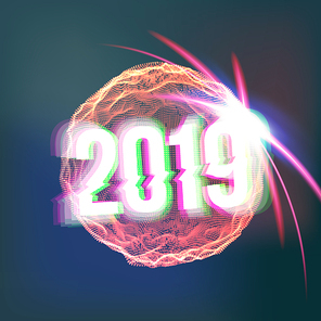 2019 Happy New Year Background Vector. Decoration Element. Futuristic Glowing Neon Light Sphere. Christmas Light Rays. Illustration
