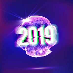 2019 Happy New Year Background Vector. Holiday 2019 Year. Futuristic Disco Glowing Neon Light Sphere. Premium Luxury. Merry Christmas. Illustration