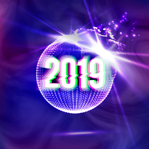 2019 Happy New Year Disco Background Vector. Decoration Element. Futuristic Glowing Neon Light Sphere. Christmas Light Rays Illustration