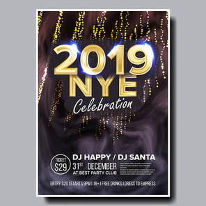 2019 Party Flyer Poster Vector. Happy New Year. Holiday Invitation. Christmas Disco Light. Design Illustration