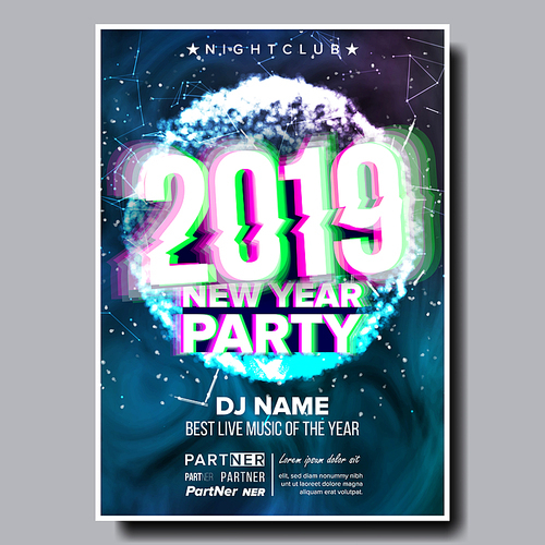 2019 Party Flyer Poster Vector. Happy New Year. Night Club Celebration. Musical Concert Banner. Design Illustration