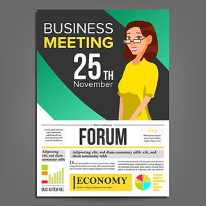 Business Meeting Poster Vector. Business Woman. Invitation For Conference, Forum, Brainstorming. Green, Yellow Cover Annual Report. Marketing, Sales E-commerce. Strategic Planning. Illustration