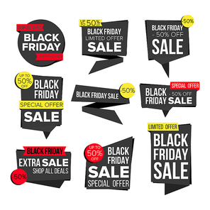 Black Friday Sale Banner Set Vector. Discount Tag, Special Friday Offer Banner. Special Offer Black Templates. Best Offer Advertising. Isolated Illustration