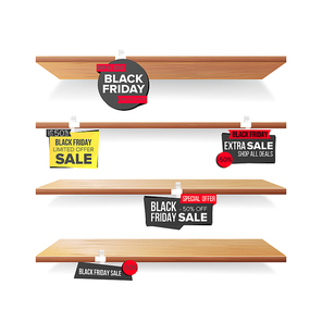 Supermarket Shelves, Black Friday Sale Advertising Wobblers Vector. Retail Sticker Concept. Black Friday Best Offer. Discount Sticker. Sale Banners. Isolated Illustration