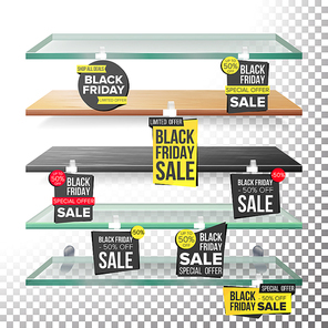 Empty Supermarket Shelves, Black Friday Sale Wobblers Vector. Price Tag Labels. Black Friday Selling Card. Discount Sticker. Sale Banners. Isolated Illustration