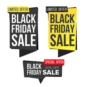 Black Friday Sale Banner Collection Vector. Website Stickers, Black Web Page Design. Friday Advertising Element. Shopping Backgrounds. Isolated Illustration