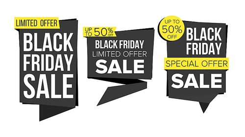 Black Friday Sale Banner Set Vector. Discount Tag, Special Friday Offer Banners. Discount And Promotion. Half Price Black Stickers. Isolated Illustration