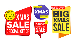 Christmas Sale Banner Set Vector. Winter December Online Shopping. Discount Banners. Xmas Sale Banner Tag. Holidays Price Tag Labels. Isolated Illustration