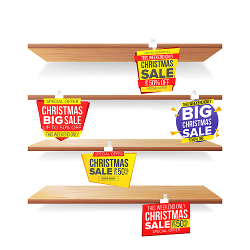 Empty Supermarket Shelves, Holidays Christmas Sale Wobblers Vector. Price Tag Labels. December Big Sale Banner. Holidays Xmas Selling Card. Discount Sticker. Sale Banners. Isolated Illustration