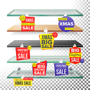 Empty Shelves, Holidays Christmas Sale Advertising Wobblers Vector. Retail Concept. Big Sale Banner. Xmas Holidays Discount Sticker. Sale Banners. Isolated Illustration