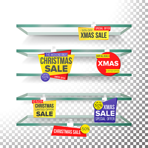 Supermarket Shelves, Holidays Christmas Sale Advertising Wobblers Vector. Retail Sticker Concept. Mega Sale Design. Holidays Xmas Best Offer. Discount Sticker. Sale Banners. Isolated Illustration