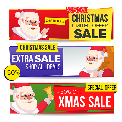 Christmas Sale Banner Set Vector. Merry Christmas Santa Claus. Winter Online Shopping. Horizontal Discount Banners. Xmas Promo Sale Banner Tag. Holidays Price Offer Labels. Isolated Illustration