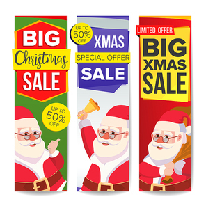 Christmas Sale Banner Vector. Merry Christmas Santa Claus. December Sale Banner. Website Stickers, Holidays Web Design. Up To 50 Percent Off Promotion Xmas Vertical Banners. Isolated Illustration