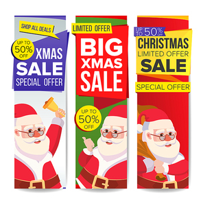 Christmas Sale Banner Set Vector. Merry Christmas Santa Claus. Online Shopping. Winter Website Vertical Banners, Holidays Promo Design. Xmas Advertising Special Element Discount. Isolated Illustration