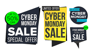 Cyber Monday Sale Banner Set Vector. November Sale Technology Banner. Website Stickers, Cyber Web Page Design. Up To 50 Percent Off Monday Badges. Isolated Illustration