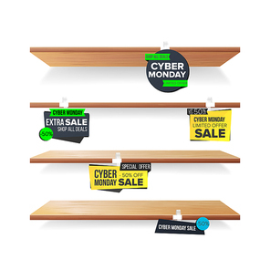 Supermarket Shelves, Cyber Monday Sale Advertising Wobblers Vector. Retail Sticker Concept. Mega Sale Design Concept. Cyber Monday Best Offer. Discount Sticker. Sale Banners. Isolated Illustration