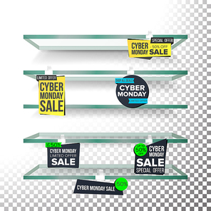 Empty Shelves, Cyber Monday Sale Advertising Wobblers Vector. Retail Concept. Big Sale Banner. Cyber Monday Discount Sticker. Sale Banners. Isolated Illustration