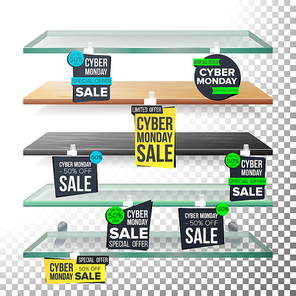 Empty Supermarket Shelves, Cyber Monday Sale Wobblers Vector. Price Tag Labels. November Big Sale Banner. Cyber Monday Selling Card. Discount Sticker. Sale Banners. Isolated Illustration
