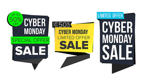 Cyber Monday Sale Banner Set Vector. Discount Tag, Special Monday Offer Banners. November Good Deal Promotion. Discount And Promotion. Half Price Cyber Stickers. Isolated Illustration