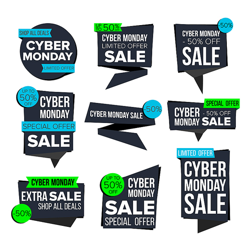 Cyber Monday Sale Banner Set Vector. November Online Shopping. Discount Banners. Monday Sale Banner Tag. Cyber Price Tag Labels. Isolated Illustration