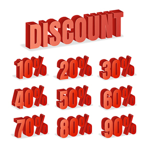 Discount Numbers 3d Vector. Red Sale Percentage Icon Set In 3D Style Isolated On White