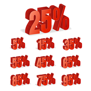 Discount Numbers 3d Vector. Red Sale Percentage Icon Set In 3D Style Isolated On White Background. 10 percent off, 15 off and 20 percent off discount