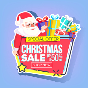 Christmas Sale Sticker Vector. Santa Claus. Up To 50 Percent Off Holiday Badges. Cheap Sign. Isolated Illustration