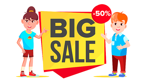 Big Sale Banner Vector. School Children, Pupil. Kid Pointing. Website Stickers, Color Web Page Design. Isolated Illustration
