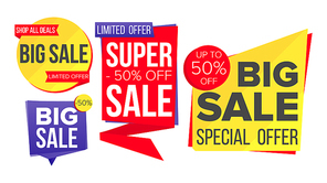 Sale Banner Set Vector. Website Stickers, Color Web Page Design. Up To 50 Percent Off Badges. Isolated Illustration