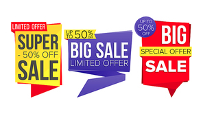 Sale Banner Set Vector. Discount Tag, Special Offer Banner. Discount And Promotion. Half Price Colorful Stickers. Isolated Illustration