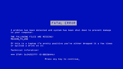 Blue Screen Of Death Vector. BSOD. Fatal Death Computer Error. System Crash Report. Illustration
