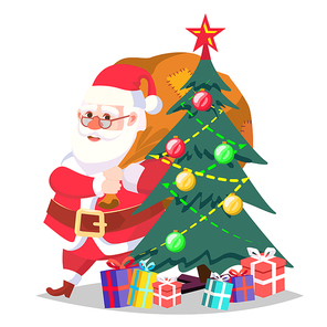 Santa Claus And Christmas Tree Vector. Illustration