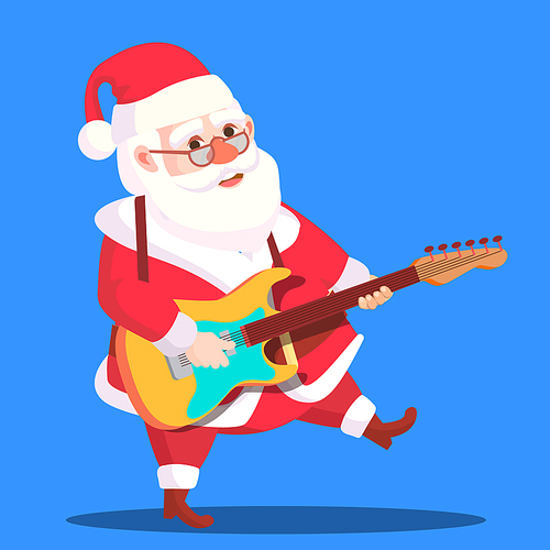 Santa Claus Dancing With Guitar In Hands Vector. Isolated Illustration