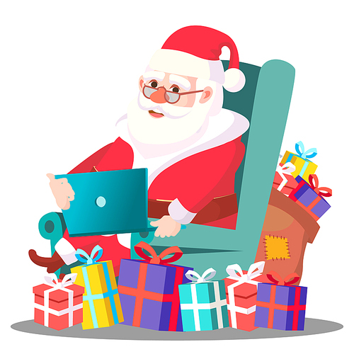 Santa Claus On The Chair With Laptop Vector. Isolated Illustration