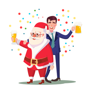 Drunk Man And Santa Claus Vector. Corporate Christmas Party At Restaurant Or Office. Relaxing Celebrating Concept. Isolated Illustration