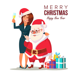 Drunk Woman And Funny Santa Claus Vector. Corporate Christmas Party At Restaurant Or Office. Meet Up Business Party. Celebrating Concept. Isolated Illustration