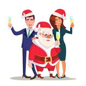 Corporate Christmas Party Vector. Man, Woman And Santa Claus. End Of The Year On Restaurant Or Office. Relaxing New Year Winter Celebrating Concept. Isolated Illustration
