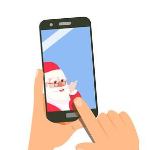 Smart Phone With Cute Santa Vector. Merry Christmas And Happy New Year. Shopping Sale Concept. Isolated Illustration