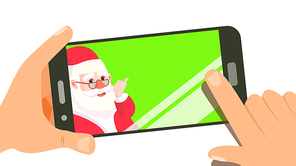 Smart Phone With Santa Vector. Merry Christmas And Happy New Year. Social Technology. Application. Isolated Illustration
