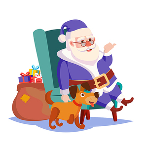 Santa Claus Sitting On Chair Vector. Funny Dog. Heavy Sack Full Of Gifts Boxes Vector. Blue Santa Suit. 2018 Year Of The Dog. Isolated On White Cartoon Character