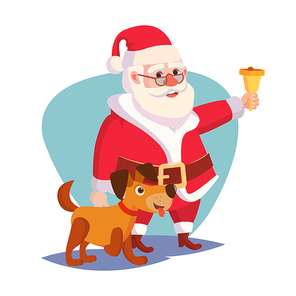 Santa Claus And Happy Dog Vector. Ringing Gold Bell And Smiling. 2018 Year Of The Dog Concept. Cartoon Santa Character