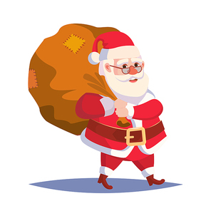 Santa Claus Carrying Big Sack With Gifts Vector. Classic Santa In Red Suit. Good For Flyer, Card, Poster, Decoration, Advertising Design. Flat Cute Cartoon