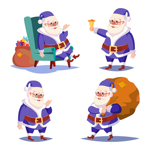 Santa Claus Set Isolated Vector. Cartoon Christmas Character. Classic Blue Suit. Xmas Design Element