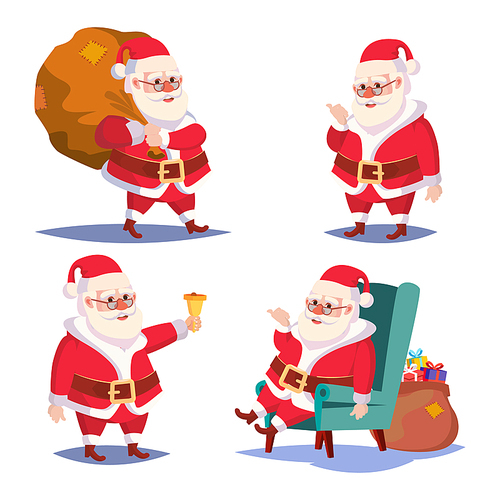 Santa Claus Set Isolated Vector. Cartoon Christmas Character. Classic Red Suit. Good For Flyer, Card, Poster, Decoration, Advertising Design. Xmas Design Element