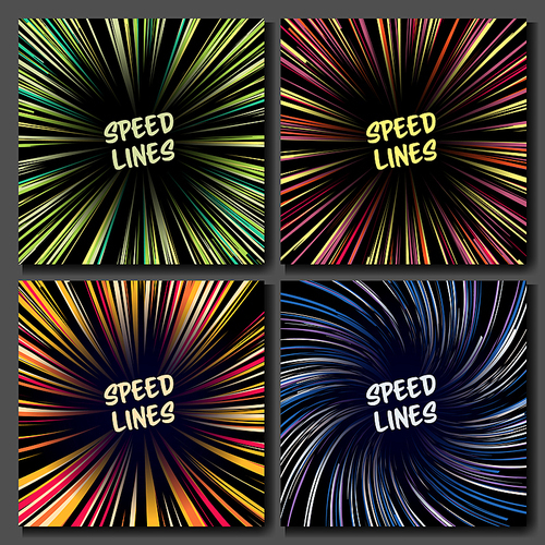 Manga Speed Lines Vector Set. Layout For Comic Books. Banner With Radial Colored Effect Illustration. Starburst Explosion