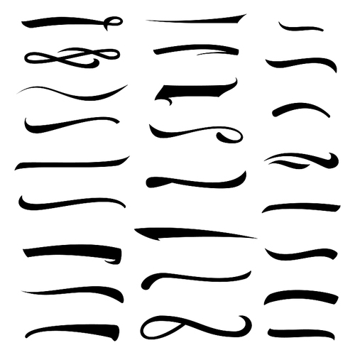 Marker, Underline, Highlighter Marker Strokes, Swoops, Waves Brush Marks Set. Hand Lettering Lines Isolated On White. Typographic Design. Vintage Elements. Vector Illustration
