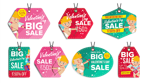 Valentine s Day Theme Sale Tags Vector. Flat Paper Hanging Love Stickers. Cupid. February 14 Discount Hanging Banners For Holiday Discount Promotion. Winter Illustration